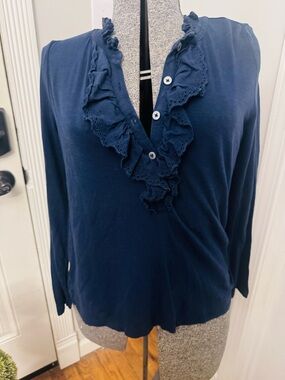 LOFT  Eyelet Ruffle Henley Top - Navy Blue - Size Small